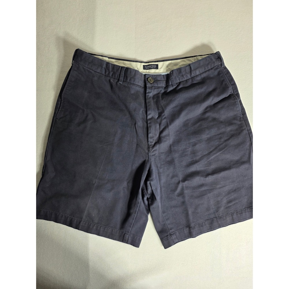 Lands End Mens Traditional Fit Chino Shorts 36 Navy Blue Cotton Twill Flat Front